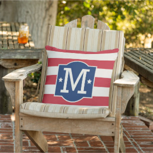 Patriotic Blue and Red Stars and Stripes Monogram  Outdoor Cushion