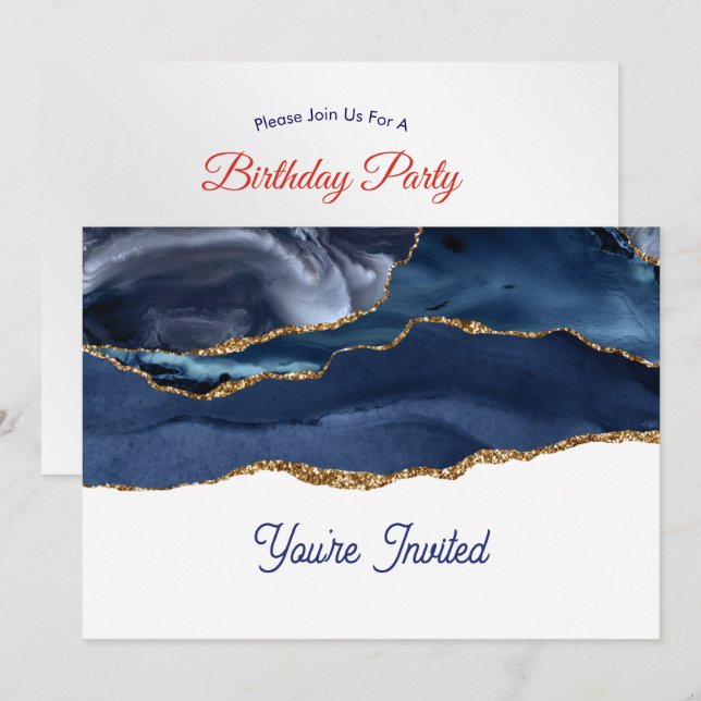Patriotic Blue Gold Agate Birthday Invitation (Front/Back)