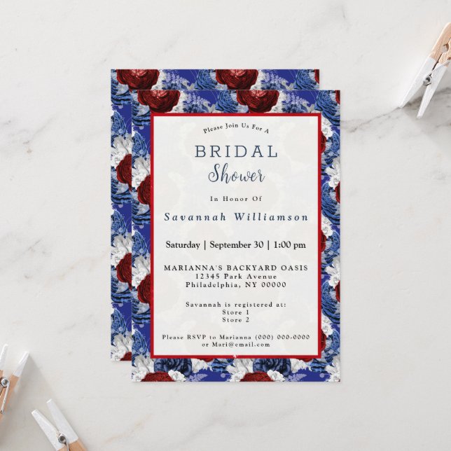 Patriotic Blue Red Rose Bouquet Bridal Shower Invitation (Front/Back In Situ)
