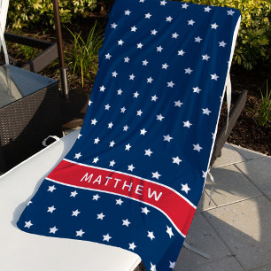 Patriotic Blue Stars Red Monogram Name Beach Towel