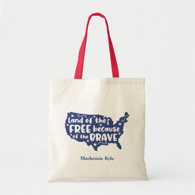 Patriotic Blue USA Map Quote Monogram Tote Bag (Front)