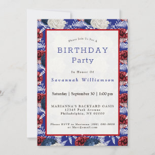 Patriotic Blue White Red Rose Birthday Invitation