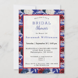 Patriotic Blue White Red Rose Bridal Shower Invitation