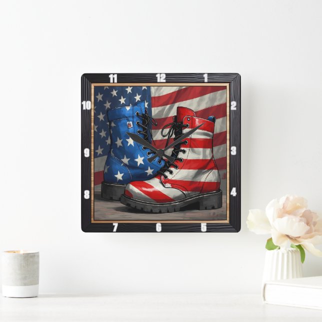 Patriotic Boots American Flag Square Wall Clock (Home)
