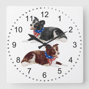 Patriotic Border Collies Square Wall Clock