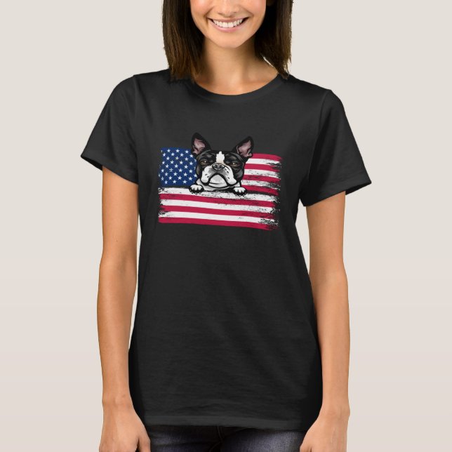 Patriotic Boston Terrier American Flag Dog T-Shirt (Front)
