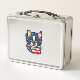 Patriotic Boston Terrier Dog Puppy American Flag 4 Metal Lunch Box
