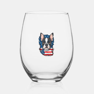 Patriotic Boston Terrier Dog Puppy American Flag 4 Stemless Wine Glass