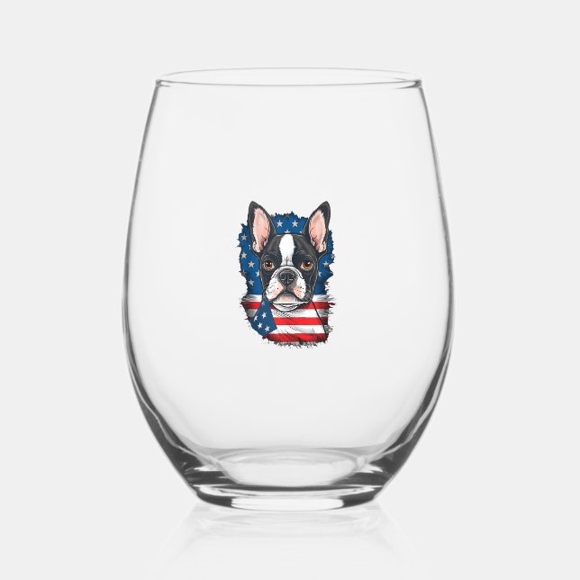 Patriotic Boston Terrier Dog Puppy American Flag 4 Stemless Wine Glass (Front)