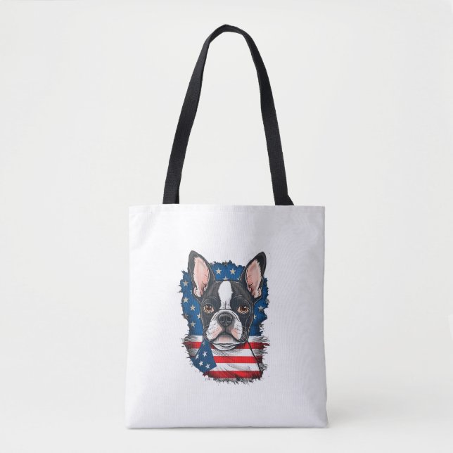 Patriotic Boston Terrier Dog Puppy American Flag 4 Tote Bag (Front)