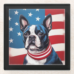Patriotic Boston Terrier With American Flag Glass Coaster