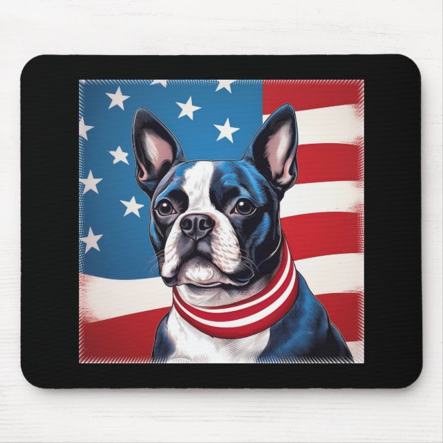 Patriotic Boston Terrier With American Flag Mouse Pad (Front)