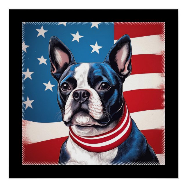 Patriotic Boston Terrier With American Flag Poster (Front)