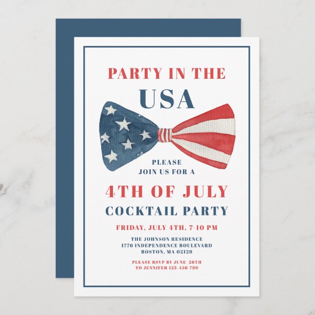 Patriotic Bow 4th Of July Cocktail Party Invitation (Front/Back)