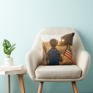 Patriotic Boy with American Flag and Wheat Cushion