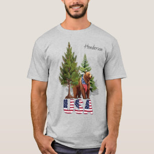 Patriotic Brown Bear In PIne Trees American Flag T-Shirt