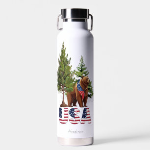 Patriotic Brown Bear In PIne Trees American Flag Water Bottle