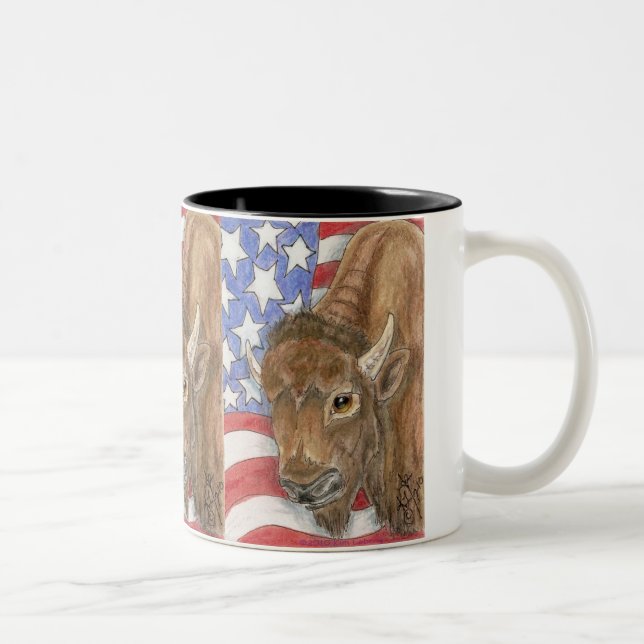 Patriotic Buffalo and American Flag Two-Tone Coffee Mug (Right)