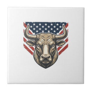 Patriotic Bull Head Vintage Engraving Vector Art_1 Ceramic Tile