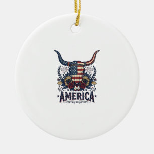 Patriotic Bull Skull America Vintage 4th of July S Ceramic Ornament