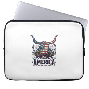 Patriotic Bull Skull America Vintage 4th of July S Laptop Sleeve