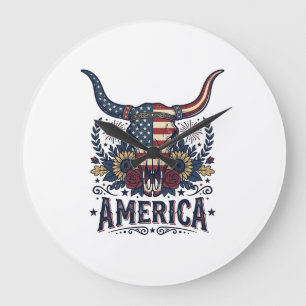 Patriotic Bull Skull America Vintage 4th of July S Large Clock