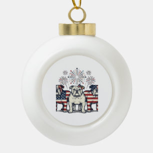 Patriotic Bulldog Fireworks Vintage Engraving Desi Ceramic Ball Christmas Ornament
