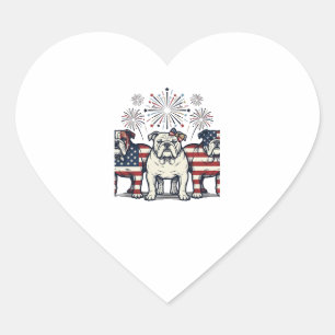 Patriotic Bulldog Fireworks Vintage Engraving Desi Heart Sticker