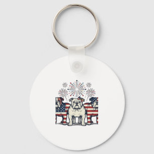Patriotic Bulldog Fireworks Vintage Engraving Desi Key Ring