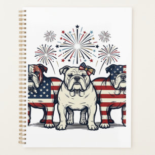 Patriotic Bulldog Fireworks Vintage Engraving Desi Planner