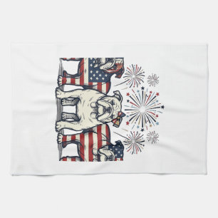 Patriotic Bulldog Fireworks Vintage Engraving Desi Tea Towel