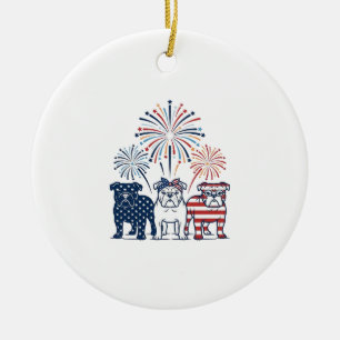 Patriotic Bulldog Fireworks Vintage Vector Design_ Ceramic Ornament