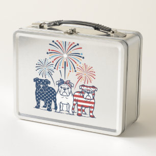 Patriotic Bulldog Fireworks Vintage Vector Design_ Metal Lunch Box