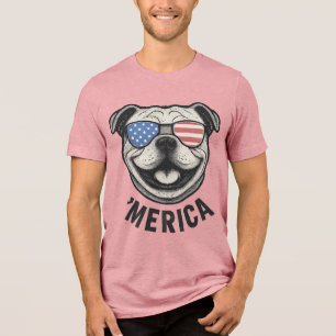 Patriotic Bulldog 'MERICA � USA Flag Sunglasses De Tri-Blend Shirt
