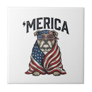 Patriotic Bulldog 'Merica Vintage Vector Shirt Des Ceramic Tile