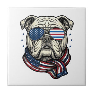 Patriotic Bulldog Vintage Engraving Shirt Design_1 Ceramic Tile