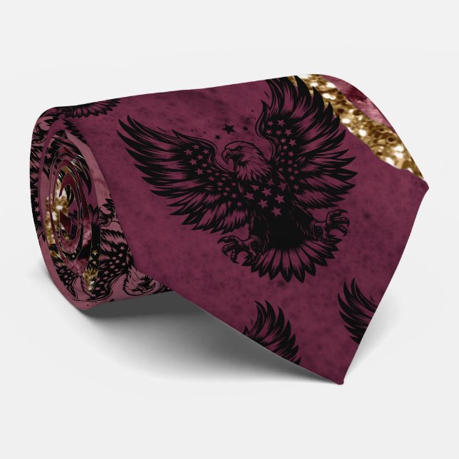Patriotic Burgundy Red American Flag Bald Eagle  Tie (Rolled)