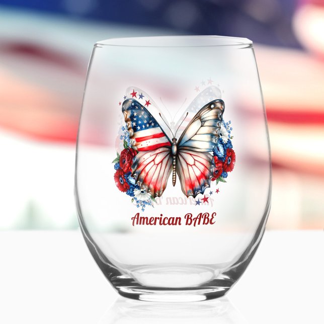 Patriotic Butterfly American Babe Name Stemless Wine Glass (Patriotic Butterfly American Babe Name Stemless Wine Glass)