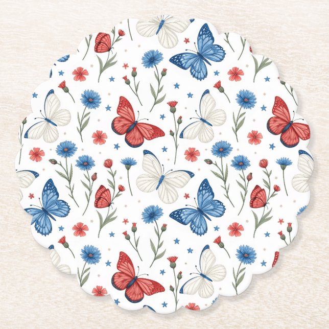 Patriotic Butterfly and Floral Pattern Paper Coaster (Front)