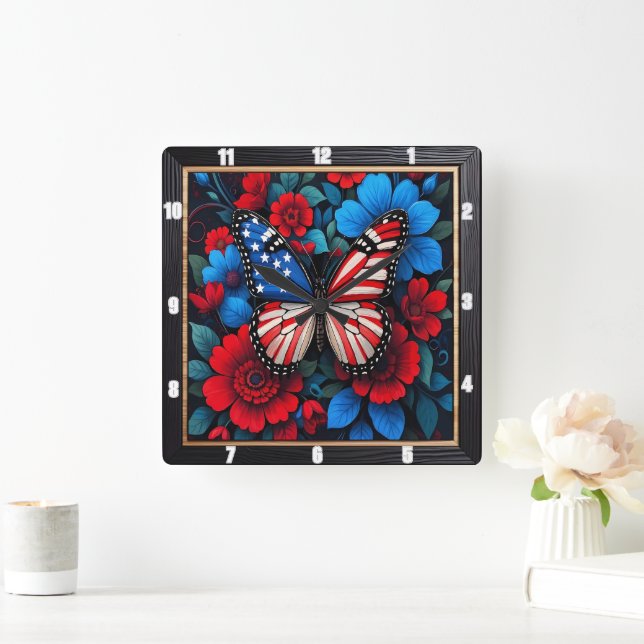 Patriotic Butterfly Floral Square Wall Clock (Home)