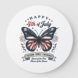 Patriotic Butterfly Happy 4th of July Shirt Design Large Clock
