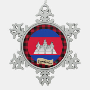 Patriotic Cambodia, buffalo plaid, Cambodian Flag Snowflake Pewter Christmas Ornament