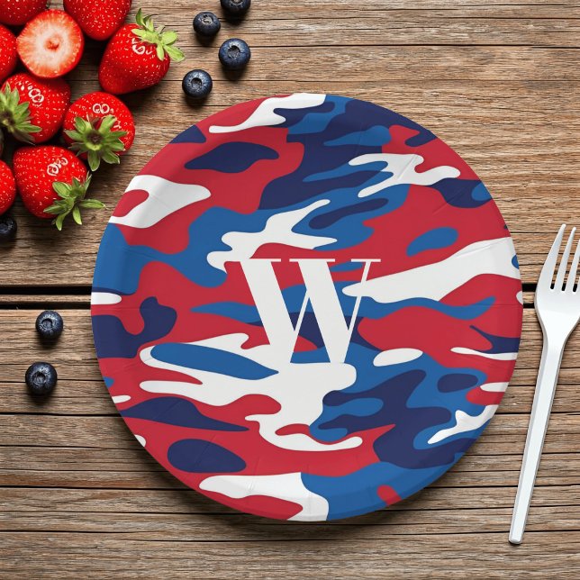 Patriotic Camouflage Monogram Red White Blue Camo Paper Plate (For 4th of July and BBQs, just add your initial and fill with food)