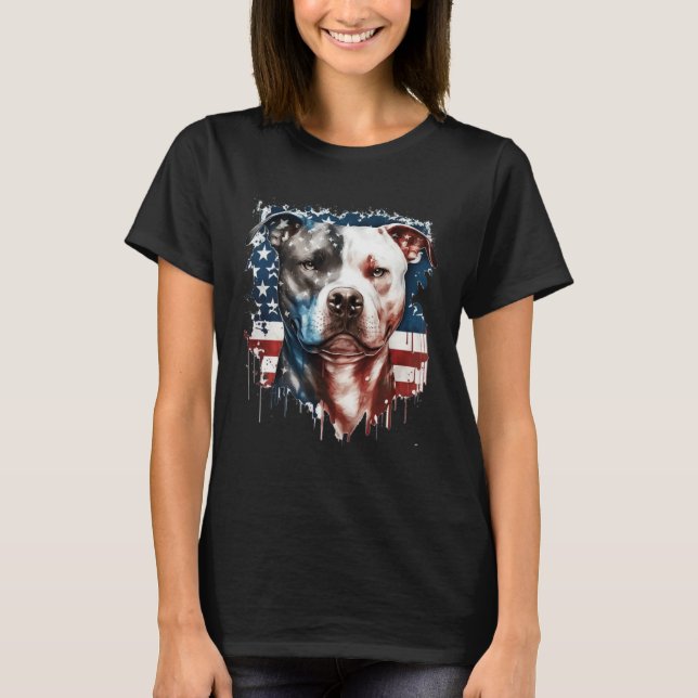 Patriotic Canine A Pitbull with American Flag T-Shirt (Front)