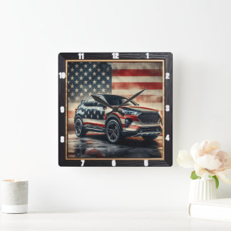 Patriotic Car American Flag  Square Wall Clock