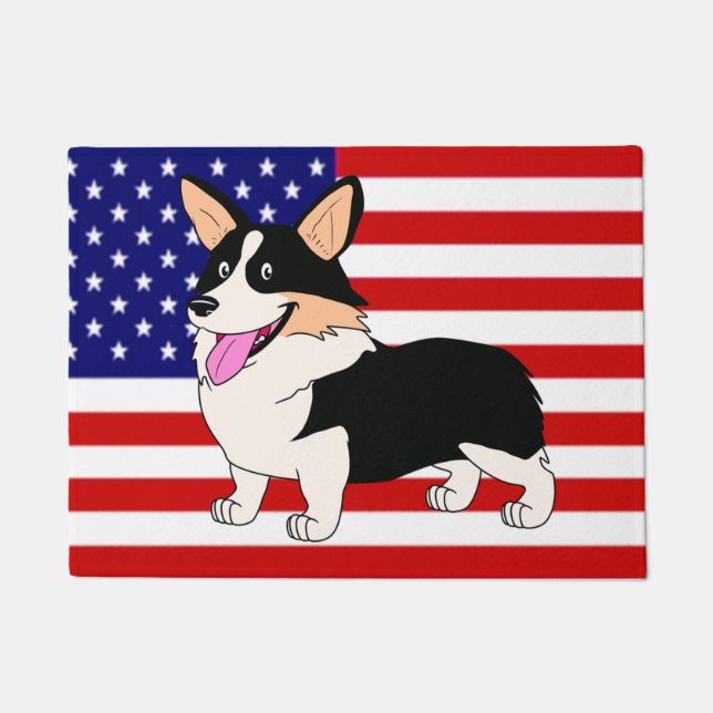 Patriotic Cartoon Welsh Corgi dog with Flag Doormat (Front)