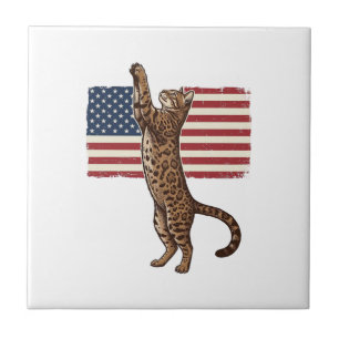 Patriotic Cat American Flag Vintage Vector Design_ Ceramic Tile