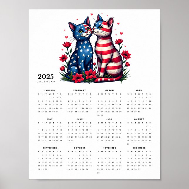 Patriotic Cat Couple in Love 2025 Calendar Poster (Front)