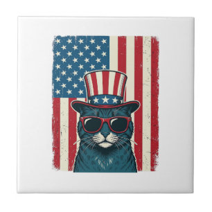 Patriotic Cat Flag Vintage Engraving Shirt Design_ Ceramic Tile