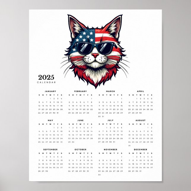 Patriotic Cat in Red, White and Blue 2025 Calendar Poster (Front)